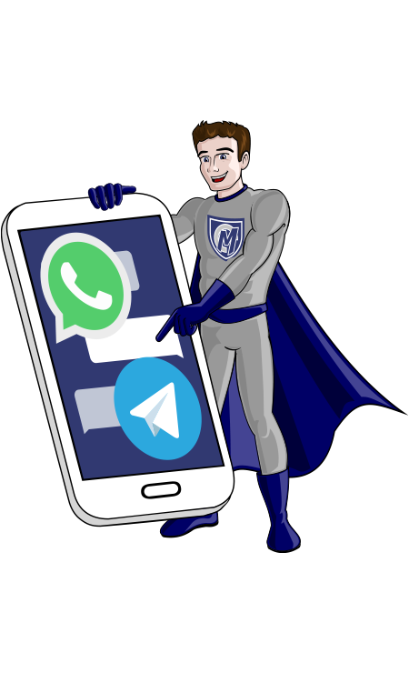 Held mit riesigem Handy mit WhatsApp und Telegramm Symbol